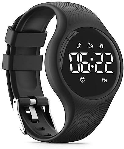 Focwony LED Digital Waterproof Pedometer Watch, Non-bluetooth Fitness Tracker, Step Counter, Distance, Vibrating alarm clock, Stopwatch, Great Gift for for Kids Childrens Teens Girls Boys (Black)
