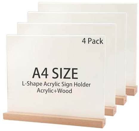 APACALI 4 Stück Aufsteller A4, Querformat Acryl Ständer A4, Tischaufsteller A4 mit Holz Sockelboden, Doppelseitig Schildhalter, L-Ständer für Werbeaufsteller,Restaurant,Theke