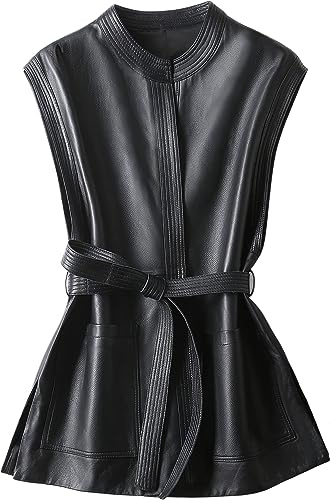 Women’s Black Genuine Sheepskin Round Neck Smooth Sleeveless Belted Leather Vest (US, Alpha, X-Small, Regular, Regular)