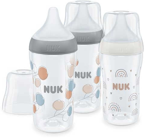 NUK Perfect Match Babyflaschenset | Ab 3 Monate | Passt sich dem Baby an | Temperature Control | Anti-Colic | 260 ml | BPA-frei | Silikontrinksauger, Medium | Regenbogen und Zweig | 3 Stück