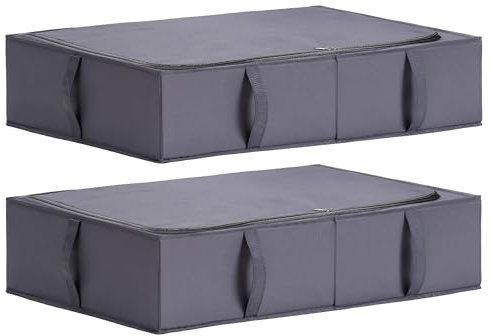 TYEERS Contenitori Sottoletto con Coperchio, Tessuto Durevole, Lavabile, Pieghevole, Scatole Portaoggetti per Vestiti, Coperte, Lenzuola, Scarpe, 70x42x18 cm, Confezione da 2, Grigio Scuro