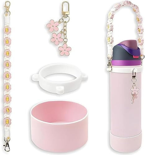 TTPSRY 4 Piezas Accesorios Botella Agua Margarita Correa Tejida Colgante Floral Anillo Silicona Funda Protectora Termo Reutilizable