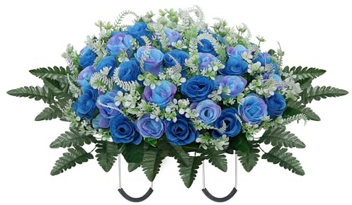 Headstone Flower Saddle,Large Artificial Cemetery Flowers for Grave,Cemetery Memorial Flowers for Outdoor Tombstone Decorations (Blue)