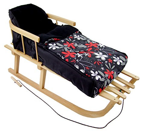 Kombi-Angebot [Holz-Schlitten + universaler Winterfußsack 108cm] Rodel mit Rückenlehne und Zugseil Fußsack geeignet für Babyschale Kinderwagen Buggy mit Thermofleece (Blumen rot grau)