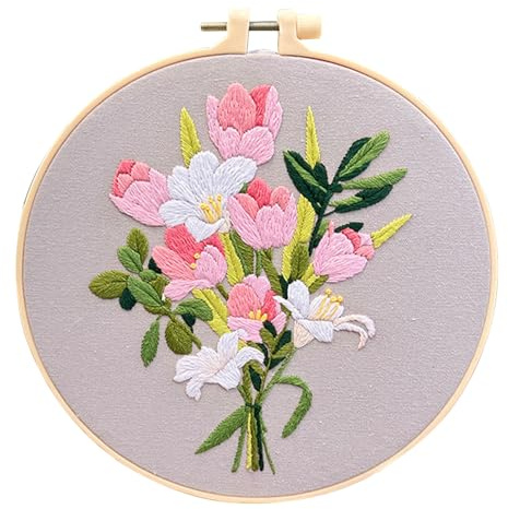 PERSENTU Embroidery Starter Kit, Embroidery Kit for Beginner Adults, Stamped Design Cross Stitch Kit with Flower Pattern, Simple Cross Stitch Handmade Artwork DIY Crafts(Tulip Pattern)