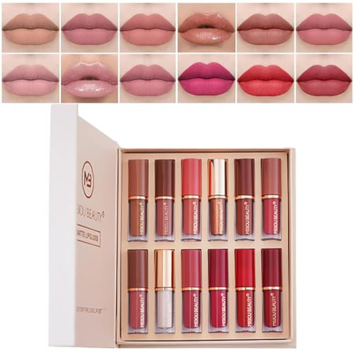 Pakivs 12Pcs Matte flüssiger Lippenstift Set,Lang Anhaltende Wasserdicht Samt Lip Gloss Non-Stick Cup Nude Lip Stain Makeup Geschenk-Set für Frauen