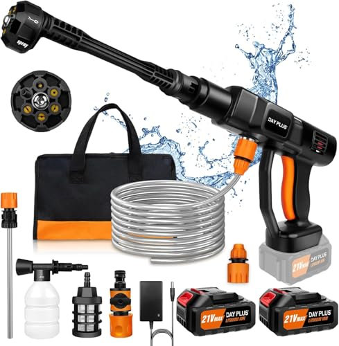 Pulitore ad alta pressione, 45 bar/653PSI Mini idropulitrice 2 x 3000 mAh, ugello regolabile a 180°, tubo da 5 m, utilizzato per lavaggio auto, pulizia e irrigazione dei fiori