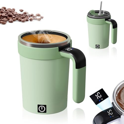 Mug Auto Mélangeur, 380 ml Magnétique Tasse Melange Automatique Étanche avec Affichage LCD de Température, USB Tasse Cafe à Agitation Automatique en Acier Inoxydable avec Base Détachable et Paille