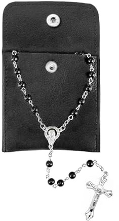 LIULINY Set da 1 Pezzo Rosario Cattolico Collana Perline, Rosario Cattolico Crocifisso Collana, Perle con Sacchetto di Velluto, per Comunione, per Battesimo, Messa, Bibbia (Nero)