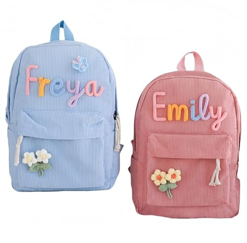 Personalized Corduroy Backpack for Kids, Cotton Rope Woven Custom Name Shoulder Bag, Adjustable Strap Book Bag for Boys/Girls, Birthday Gift