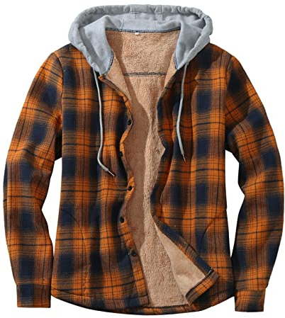 Duohropke - Felpa con cappuccio da uomo, stile giacca da boscaiolo, a quadri, foderata, a maniche lunghe, in cotone, termica, per l'inverno, giacca da lavoro, a quadri, da boscaiolo, giacca da