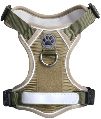 Hundegeschirr Mittelgroße Hunde – Anti Zug Hundegeschirr Gepolstert, Reflektierend und Verstellbar Mit Griff | Sicherheitsgeschirr Hund, Geschirr Hund Gegen Ziehen & Entkommen (Olivgrün, L)