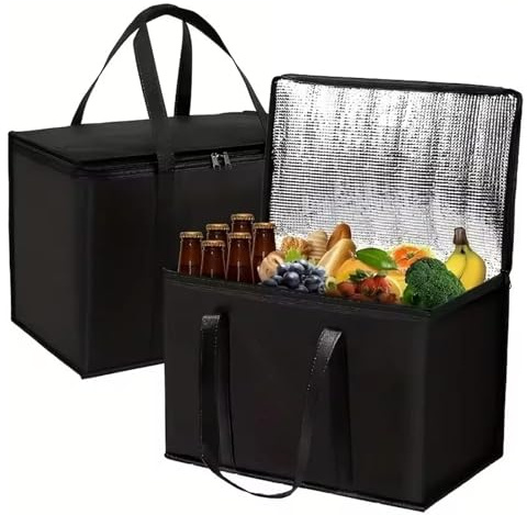 2 Pack Insulated Reusable Grocery Shopping Bags, Food Delivery Bag, Cooler Bag, Heavy Duty, Large Size, Durable Handles, Dual Zips, Lid, Stands Upright, Foldable Cool Box for Picnic Camping