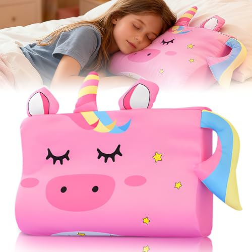 HOVCEH Cuscino Schlummerkids, Cuscini per Dormire, 45 * 27 * 6 cm Cuscino Originale con simpatici animali per bambini, Cuscini Ergonomico per Viaggio, Ufficio, Casa(Unicorno)