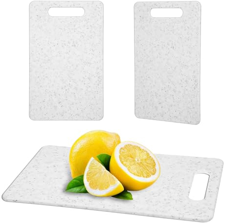 Juego de 2 tablas de cortar de plástico, tablas de cortar con asas, tabla de desayuno profesional, apta para lavavajillas, para camping, carne, verduras y frutas (15 x 25 cm, blanco)
