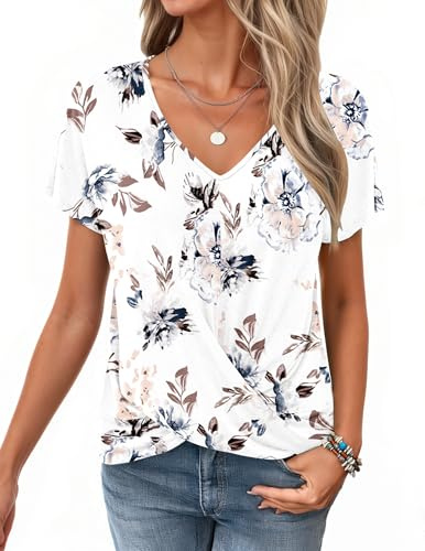 WNEEDU Dam kortärmad sommartoppar damer v-ringad t-shirts front vridna lediga blusar