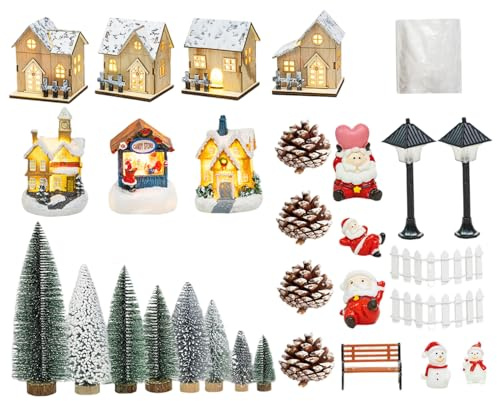 CAKEEYUM 30 st/set julby set LED-ljus jul by hus med träd konstgjorda snöprydnader drömliknande landskap för hem kontor butik, dekorationer, jul