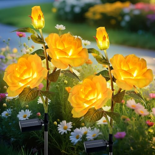 Qoosea Luces Solares Flores Jardín Exterior, 2 Piezas LED Luz Solar de Flores, Lámparas Solares Decorativa IP65 Impermeable, Decoración para Patio Césped Boda Fiestas Navidad