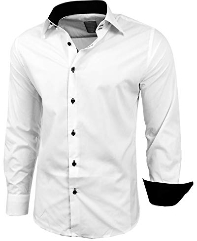 Baxboy Herren-Hemd Slim-Fit Bügelleicht Für Anzug, Business, Hochzeit, Freizeit - Langarm Hemden für Männer Langarmhemd R-44, Farbe:Weiss/Schwarz, Größe:M