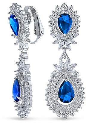 Moda Nupcial Vintage Art Deco Estilo Lágrima En Forma De Halo Aaa Cúbico Circonio Claro O Azul Real Declaración Elegante Lámpara De Araña Clip En Pendientespara Mujeres Boda Desfile Prom Plateado