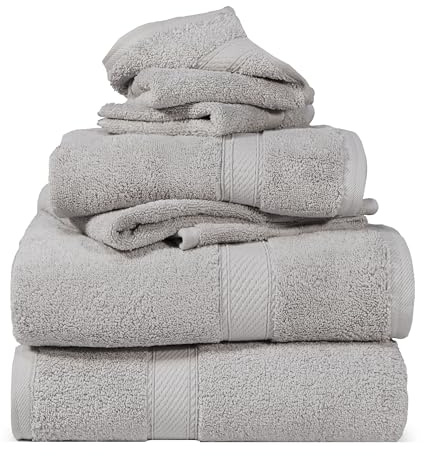 Superior Egyptian Cotton Pile 6 Piece Towel Set, Includes 2 Bath, 2 Hand, 2 Face Towels/Washcloths, Ultra Soft Luxury Towels, Thick Plush Essentials, Guest Bath, Spa, Hotel Bathroom, Silver