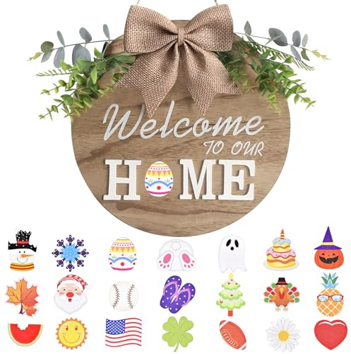 Interchangeable Welcome Home Sign, Seasonal Front Porch Door Decor With 21 Changeable Icons for Halloween /Christmas/Independence Day, Rustic Wood Wreaths Wall Hanger for Housewarming Gift (12in)