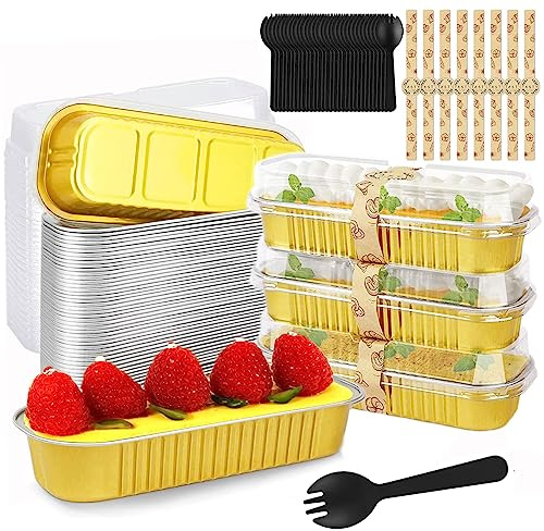 Jokresty Juego de 200 moldes para pan con tapas, cucharas y calcomanías, mini latas de pan de aluminio antiadherentes, recipientes reutilizables para hornear pasteles para el hogar y la cocina