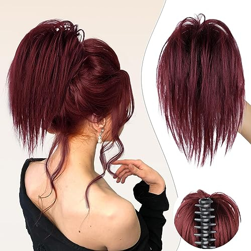 colorfulpanda Claw Clip in Ponytail Hair Extensions 10 Inch, Messy Bun Clip in Hair Scrunchies Natural Straight Synthetic Hairpiece Short Ponytail Bun Hair Chignons Red for Women Girls