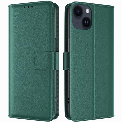 TQIAHF Cover per iPhone 15 Cover Custodia a Libro in Pelle con Porta Carte Magnetica Libretto Portafoglio Flip Case Antiurto Protezione Completa Cover Telefono Custodia per iPhone 15,Verde Scuro