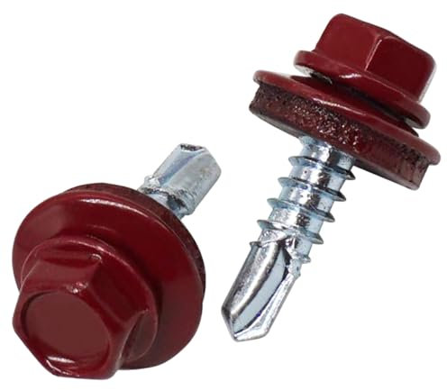 SKIR'CO (50 st) Takskruvar, sexkantshuvud, 4,8 x 19 mm målade självborrande skruvar med EPDM-brickor (röd RAL 3005)