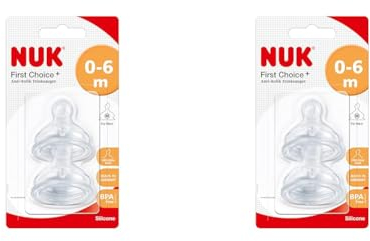 NUK First Choice+ Baby Bottle Teat, 0-6 Months, Silicone with Medium Feed Hole, Anti-Colic, 2 Count (Pack of 2)