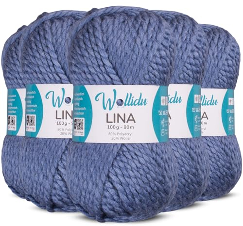 Wollidu Lina Wolle zum Stricken und Häkeln 500g 80% Polyacryl 20% Schafwolle Mulesing-frei Oeko-Tex 5x 100g/90m Häkelwolle/Strickwolle - Jeansblau