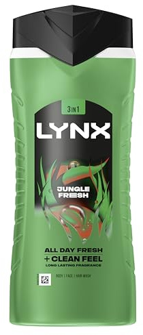 Lynx Jungle Fresh 3-in-1 Body Wash Hair, Face and Body Cleanser shower gel with a palm leaf & amber scent for an all day fresh & clean feel 6x 500 ml