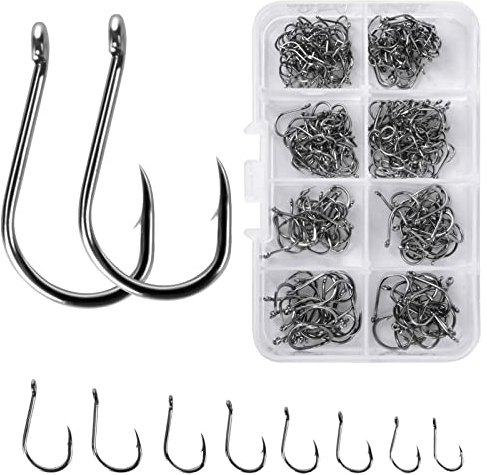 Cozlly Angelhaken, 8 Größen Angelhaken mit Widerhaken, Kohlenstoffstahl Angelhaken, Angelhaken Set mit Kunststoff Box, Angelzubehör (300 Stück)