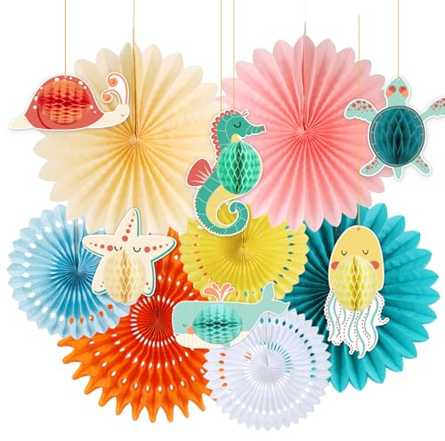 Homarkable 13 Stück Meerestiere Geburtstag Dekoration Enthält 7 x Papier Fächer, 6 x Ozean Thema Dekoration, Hängende Girlande Papierfächer und Meerestiere Wabenbälle für Geburtstag Deko, Baby Shower