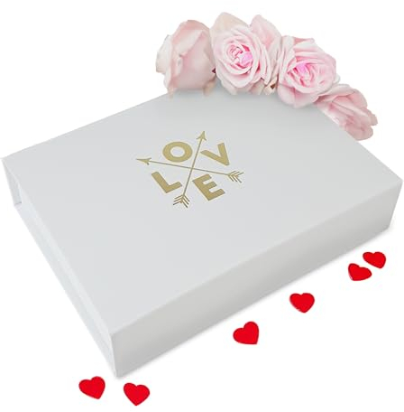 Verpackungswelt Geschenk-Box mit Deckel Love | 23x17x5 cm | Perfekt für Valentinstag & Geburtstag | Geschenk-Karton mit Magnet-Verschluss | Geschenk-Verpackung in Weiß mit Aufschrift in Gold