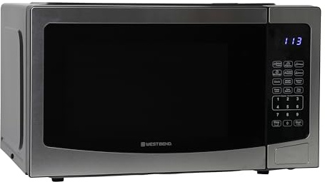 West Bend Microwave Oven 1000-Watts Compact with 6 Pre-Set Cooking Settings, Time and Weight Defrost, Electronic Control Panel and Glass Turntable, 1.1 Cu.Ft., Stainless Steel