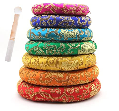 Tibetisches Schalenkissen, buddhistisches Klangschalenkissen, Seidenbrokat, Ringkissen, Kissen, tibetische Klangschalenmatte, Klangschalenkissen, mit kostenlosem Hammer (Farbe: farbig, Größe: 20,3–