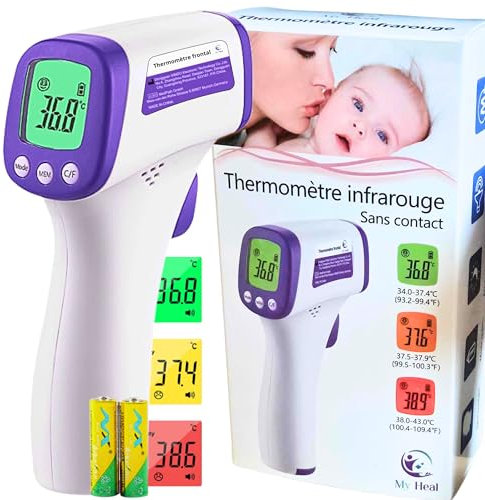 Thermomètre frontal professionnel sans contact | Thermomètre médical infrarouge adulte & bébé | Mesure surface & bain | Modèle Violet – Piles Jaunes Incluses