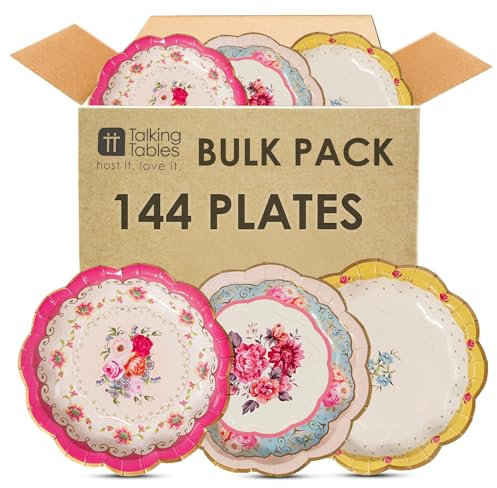 Talking Tables 144 x Strong Floral Paper Plates Bulk Pack for Afternoon Tea Party, Truly Scrumptious Table Decorations, Disposable Dishes Tableware Birthday, Mother's Day, Baby Shower Pink Yellow