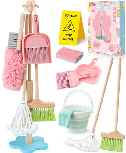 Atoylink Kinder Putzset 9-Teilige Holzspielzeug mit Kinder Besen Mopp Kehrschaufel Set Handfeger Eimer Lappen Staubwedel Ständer aus Holz Putzset Rollenspiele für Mädchen Jungen 3 4 5 6 Jahre