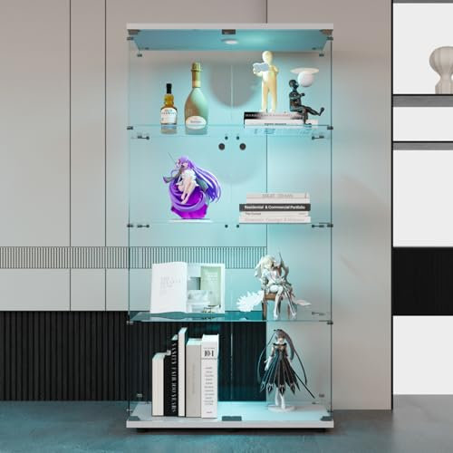 Vitrina de Cristal led, 164x80x36.5 cm Vitrina Expositora de Vidrio con Cerradura LED y 2 Puerta 4 Estantes vitrina Transparente Grande vitrina de Colección para Salón (2Puertas 4capas+luces, Blanco)