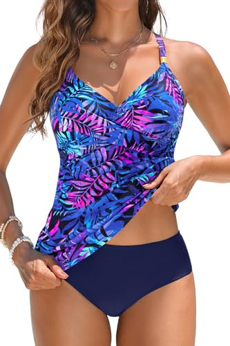 Women's Tankini Swimsuits - Two Piece Swimsuit Tummy Control Bathing Suit 2025 Twist V Neck Swimwear Blue Purple Leaves L