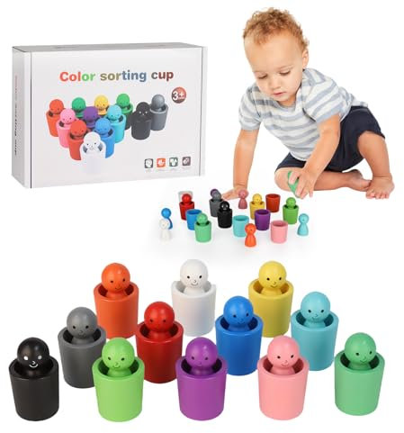 YELKOEYN Farb Sortierbecher - 2025 Neue Sortierspielzeuge,12 Stück Regenbogen Holzpuppen in Tassen, Spielzeug für Vorschule Farbsortierung ZäHlen, Sensorische Montessori Spielzeug ab 3 Jahre