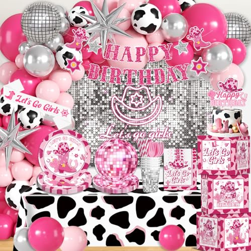 237pcs Cowgirl Birthday Party Decorations Include Disco Cowgirl Balloon Arch Lets Go Girls Backdrop Tableware Banner Tablecloth, for Western Cowgirl Party Decorations, Last Rodeo Bachelorette Decor