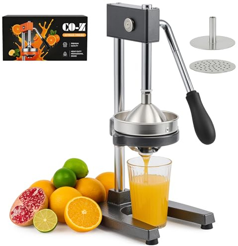 CO-Z Spremiagrumi Manuale Professionale Spremiagrumi a Leva Acciaio con 12,8 cm Filtro Spremi per Melograno Arancia Pom Lime e Limone, Spremiagrumi Lavabile in Lavastoviglie, Grigio