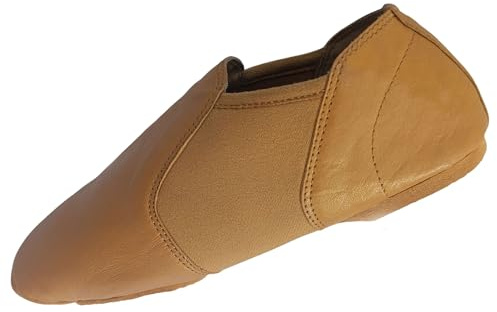 ISMUN Jazz Shoes Slip On Real Leather Tan Jazz Shoes Size 3 UK for Girls and Women, Split Sole with Neoprene in Center for Modern Stage