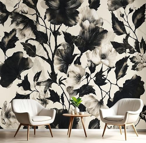 Papel Pintado Flores Retro Pared 3D Papel Tapiz - Estilo Gótico Murales Tapiz Fotomural para Sala Cuarto Oficina Salón Tv Fondo Pared Dormitorio Decoración 300x210cm, En Blanco Y Negro