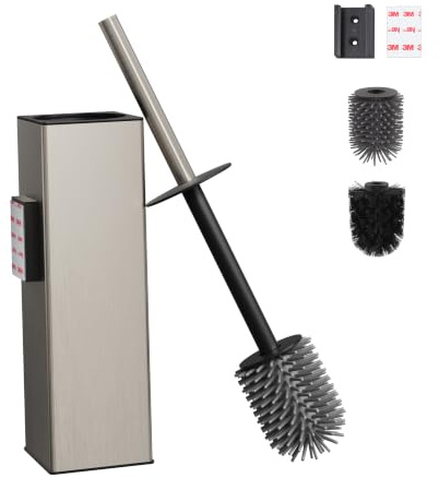 BVL Escobilla de baño de montaje en pared, cepillada, soporte para escobilla de inodoro sin taladrar, metal, incluye 2 cabezales de cepillo, escobilla de silicona para inodoro, cepillo cuadrado
