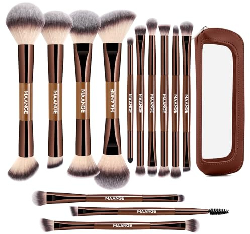MAANGE 13 Pcs Foundation Makeup Brush Set With Bag, Make up Brushes, Double-End Multi Functional Makeup Brushes, Professional Face Brush Set Tools For Liquid Powder Concealer Cream Blush (Coffee)